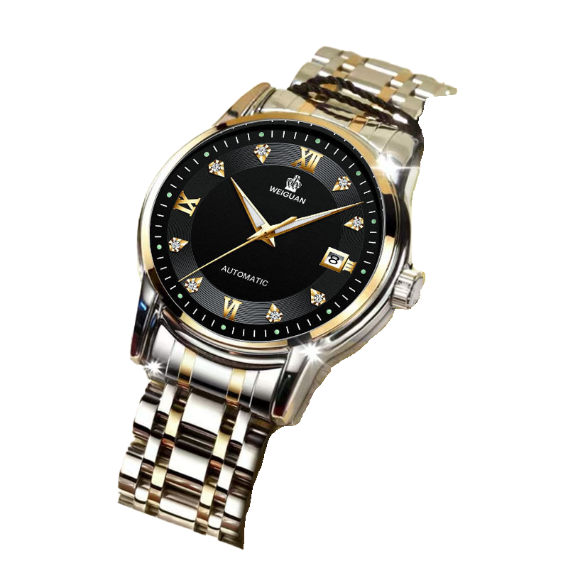 [MECÁNICO-619-NEGRA] RELOJ MECÁNICO CON CALENDARIO LUMINOSO Y IMPERMEABLE 728 DORADO-NEGRO