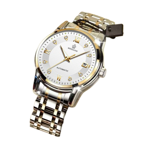 [RELOJ-619-BLANCA] RELOJ MECÁNICO CON CALENDARIO LUMINOSO Y IMPERMEABLE 728 DORADO-BLANCO